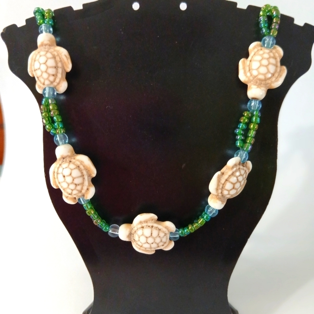 Turtle Bead Necklace with Green and Blue Accents